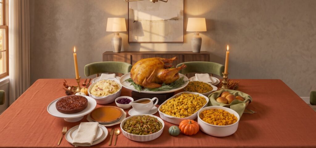 Thanksgiving table spread with turkey and sides